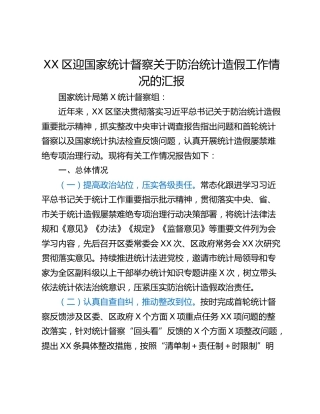 XX区迎国家统计督察关于防治统计造假工作情况的汇报