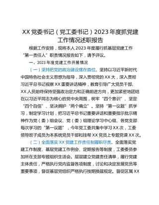 XX党委书记（党工委书记）2023年度抓党建工作情况述职报告