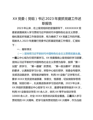 XX党委（党组）书记2023年度抓党建工作述职报告