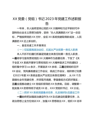 XX党委（党组）书记2023年党建工作述职报告
