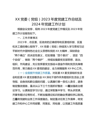 XX党委（党组）2023年度党建工作总结及2024年党建工作计划