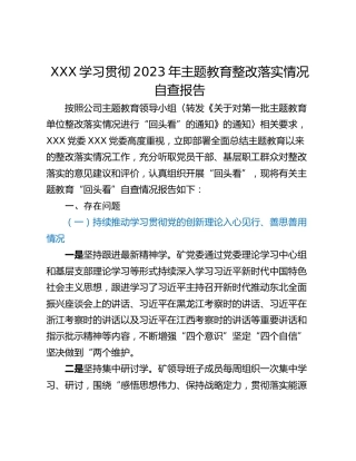 XXX学习贯彻2023年主题教育整改落实情况自查报告