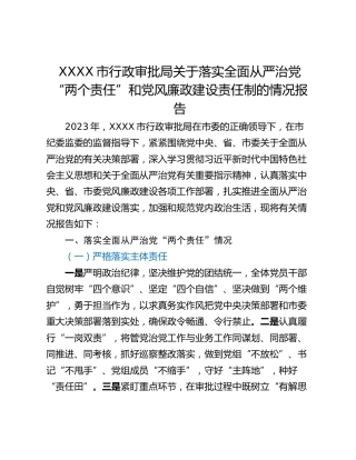 XXXX市行政审批局关于落实全面从严治党“两个责任”和党风廉政建设责任制的情况报告