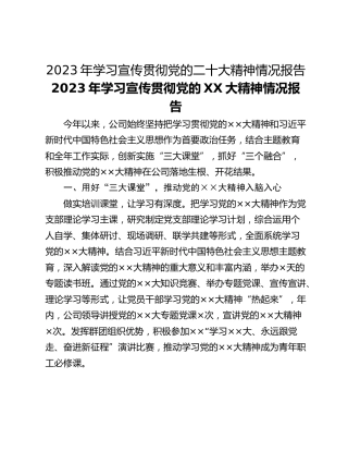 2023年学习宣传贯彻党的二十大精神情况报告