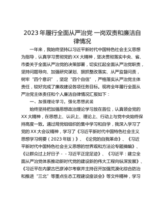 2023年履行全面从严治党 一岗双责和廉洁自律情况
