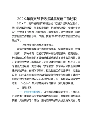 202X年度支部书记抓基层党建工作述职