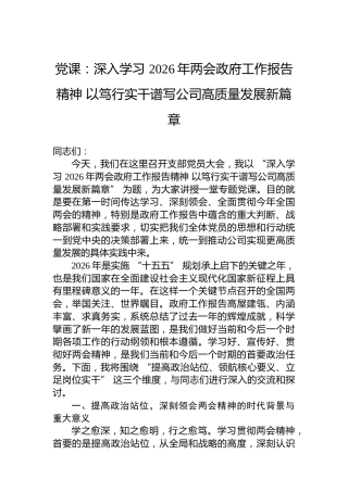 党课：深入学习2026年两会政府工作报告精神以笃行实干谱写公司高质量发展新篇章