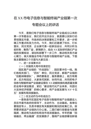 在XX市电子信息与智能终端产业链第一次专题会议上的讲话