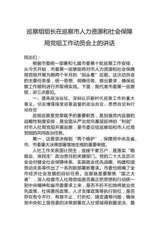 巡察组组长在巡察市人力资源和社会保障局党组工作动员会上的讲话