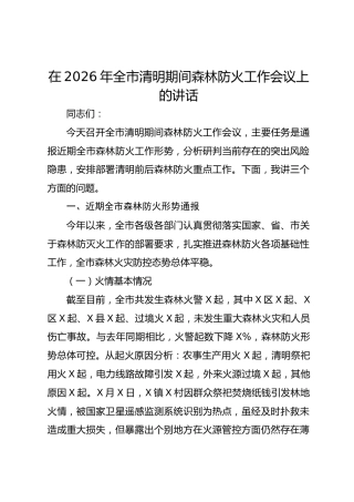 在2026年全市清明期间森林防火工作会议上的讲话
