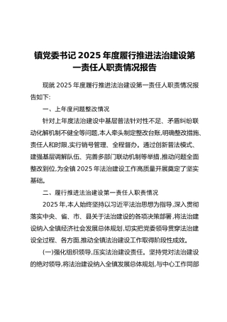 镇党委书记2025年度履行推进法治建设第一责任人职责情况报告（2）（2）