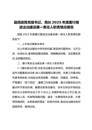 县民政局党组书记、局长2025年度履行推进法治建设第一责任人职责情况报告