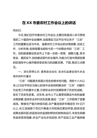 在XX市委农村工作会议上的讲话（2）