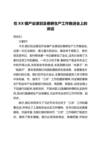 在XX镇产业谋划及春耕生产工作推进会上的讲话