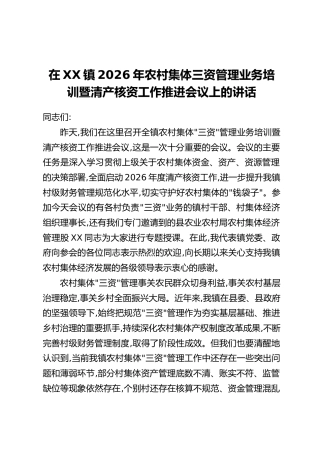 在XX镇2026年农村集体三资管理业务培训暨清产核资工作推进会议上的讲话