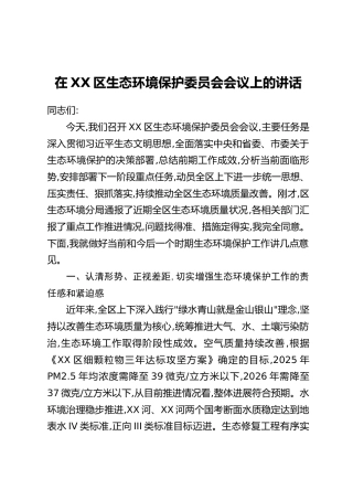 在XX区生态环境保护委员会会议上的讲话