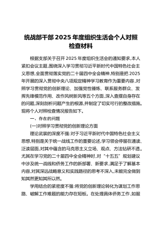 统战部干部2025年度组织生活会个人对照检查材料（2）