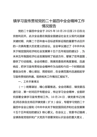 镇学习宣传贯彻党的二十届四中全会精神工作情况报告
