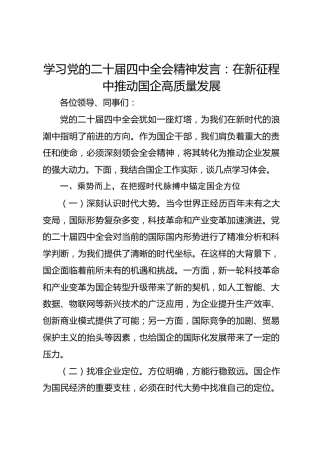 学习党的二十届四中全会精神发言：在新征程中推动国企高质量发展