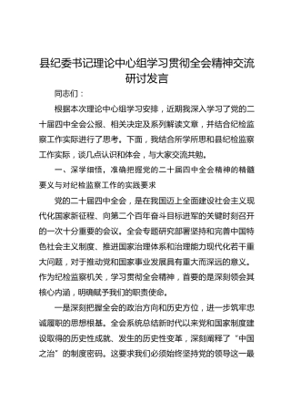 县纪委书记理论中心组学习贯彻全会精神交流研讨发言