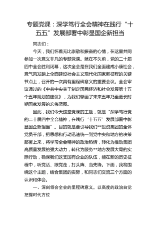 公司党课：深学笃行四中全会精神   在践行“十五五”发展部署中彰显国企新担当