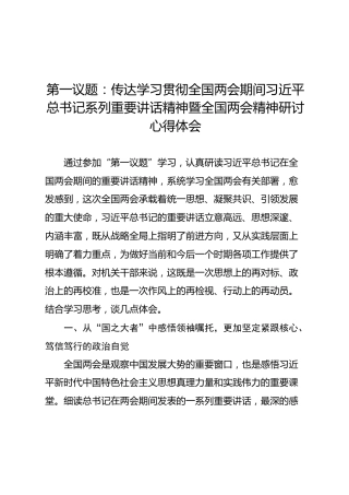 第一议题：传达学习贯彻全国两会期间习近平总书记系列重要讲话精神暨全国两会精神研讨心得体会