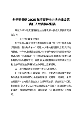 乡党委书记2025年度履行推进法治建设第一责任人职责情况报告