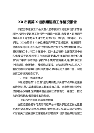 XX市委第X巡察组巡察工作情况报告
