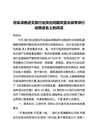 在纵深推进文旅行业突出问题攻坚决战专项行动推进会上的讲话