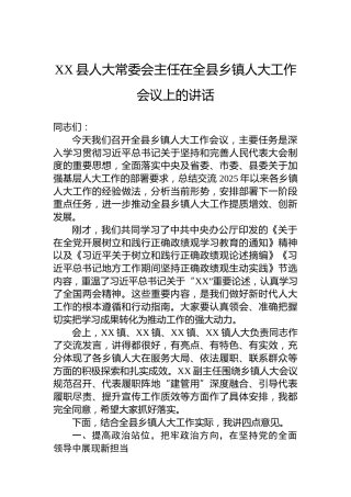 XX县人大常委会主任在全县乡镇人大工作会议上的讲话