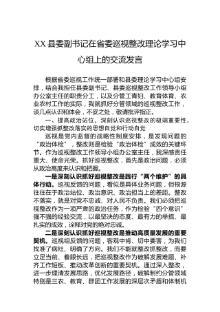XX县委副书记在省委巡视整改理论学习中心组上的交流发言