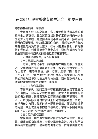 在2024年巡察整改专题生活会上的发言稿