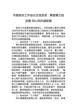 市委政协工作会议交流发言：聚智聚力促发展同心同向谱新篇