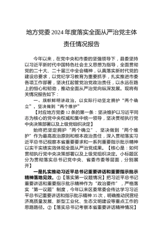 地方党委2024年度落实全面从严治党主体责任情况报告