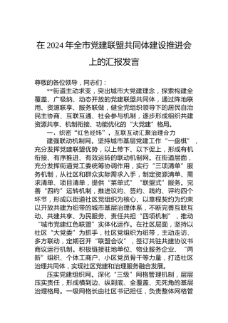 在2024年全市党建联盟共同体建设推进会上的汇报发言