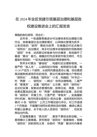 在2024年全区党建引领基层治理和基层政权建设推进会上的汇报发言