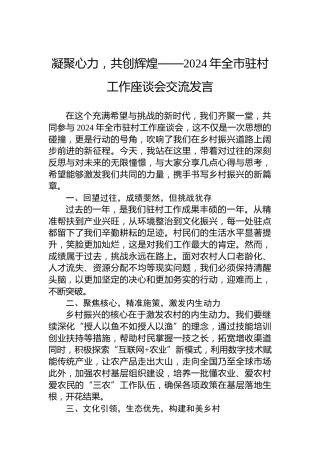 凝聚心力，共创辉煌——2024年全市驻村工作座谈会交流发言