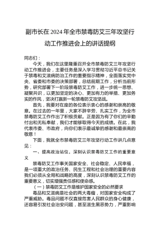 副市长在2024年全市禁毒防艾三年攻坚行动工作推进会上的讲话提纲