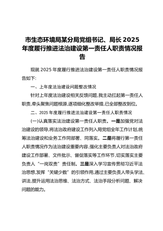 市生态环境局某分局党组书记、局长2025年度履行推进法治建设第一责任人职责情况报告