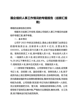 国企组织人事工作情况的专题报告（巡察汇报用）