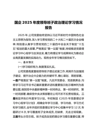 国企2025年度领导班子政治理论学习情况报告