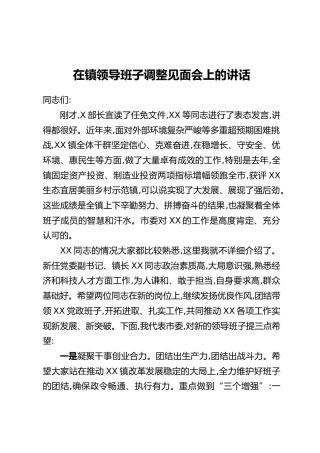 在XX镇领导班子调整见面会上的讲话