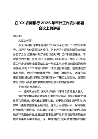 在XX农商银行2026年审计工作安排部署会议上的讲话