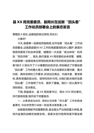 县XX局党委委员、副局长在巡察“回头看”工作动员部署会上的表态发言