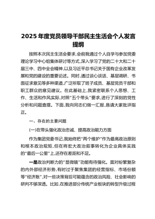 2025年度党员领导干部民主生活会个人发言提纲
