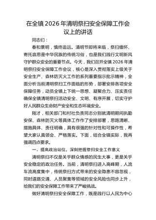 乡镇清明祭扫安全保障工作会议上的讲话