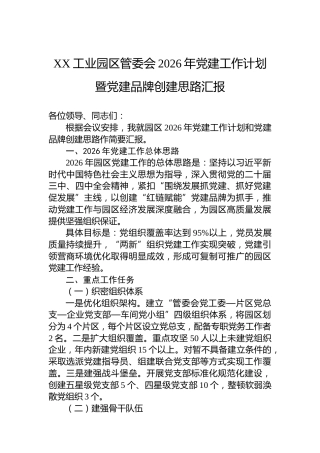 工业园区管委会2026年党建工作计划暨党建品牌创建思路汇报