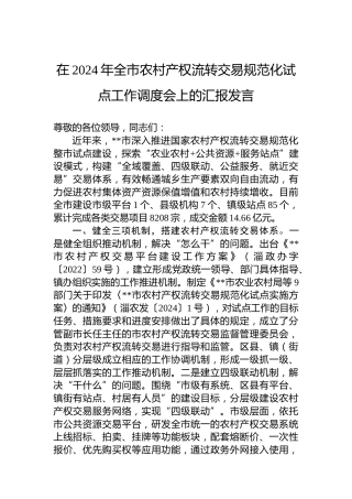 在2024年全市农村产权流转交易规范化试点工作调度会上的汇报发言