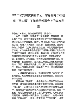 XX市公安局党委副书记、常务副局长在巡察“回头看”工作动员部署会上的表态发言