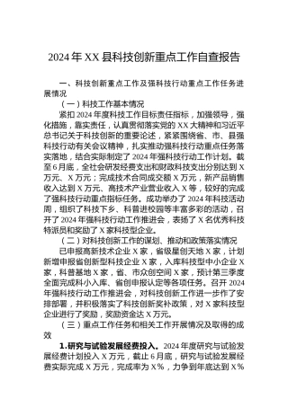 2024年XX县科技创新重点工作自查报告